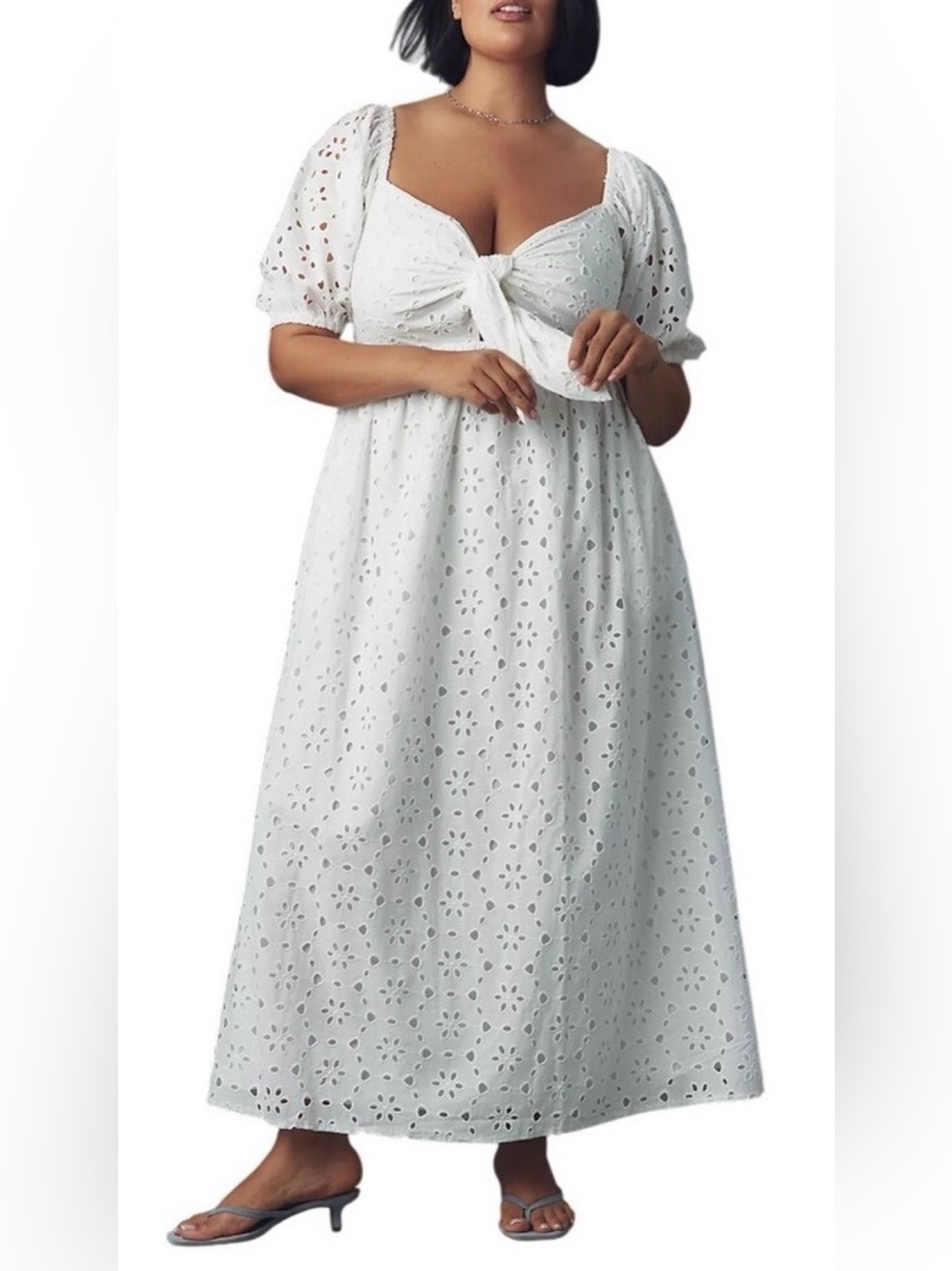 NEW Eloquii White Eyelet Maxi Dress Tie Front Puff Sleeve Cotton Lined Size 20